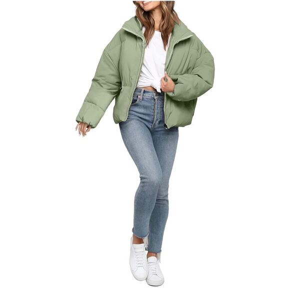 NWT Polu Cropped Puffer Jacket Oversized Full Zip Puffy Quilted Pockets Large - Picture 3 of 8